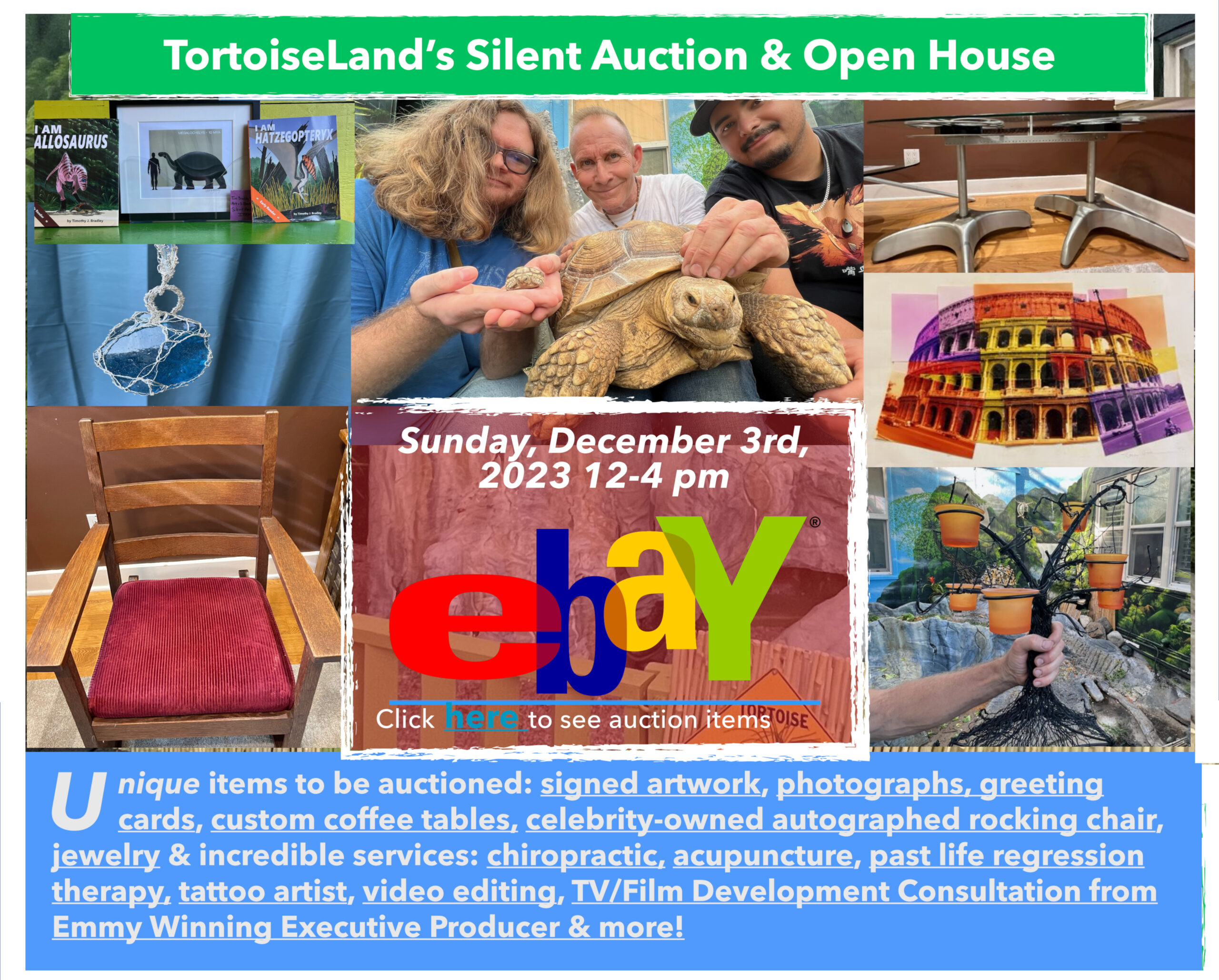 Event flyer for TortoiseLand auction and open house on 12/3/2023